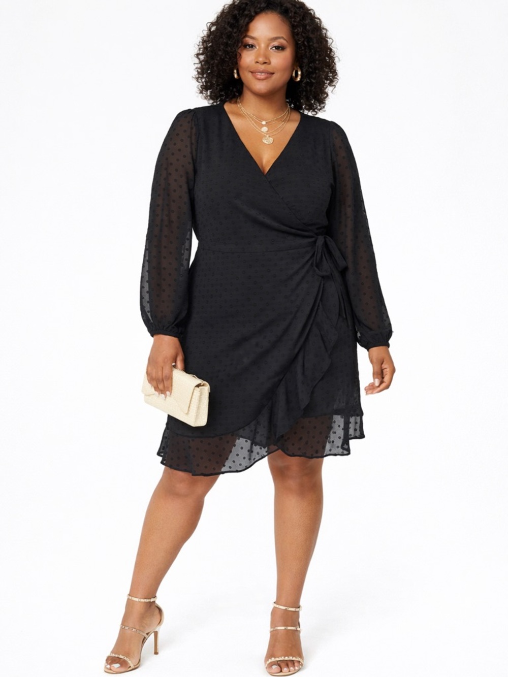Gilli Black Wrap V-Neck Long Sleeve Ruffle Dress